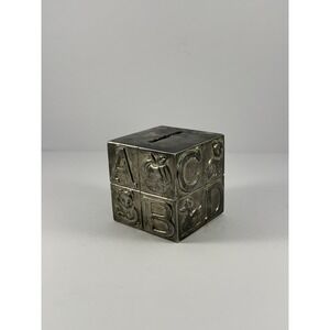 Vintage Children's Silver Plated Coin Money Piggy Bank emboss METAL Letter Block
